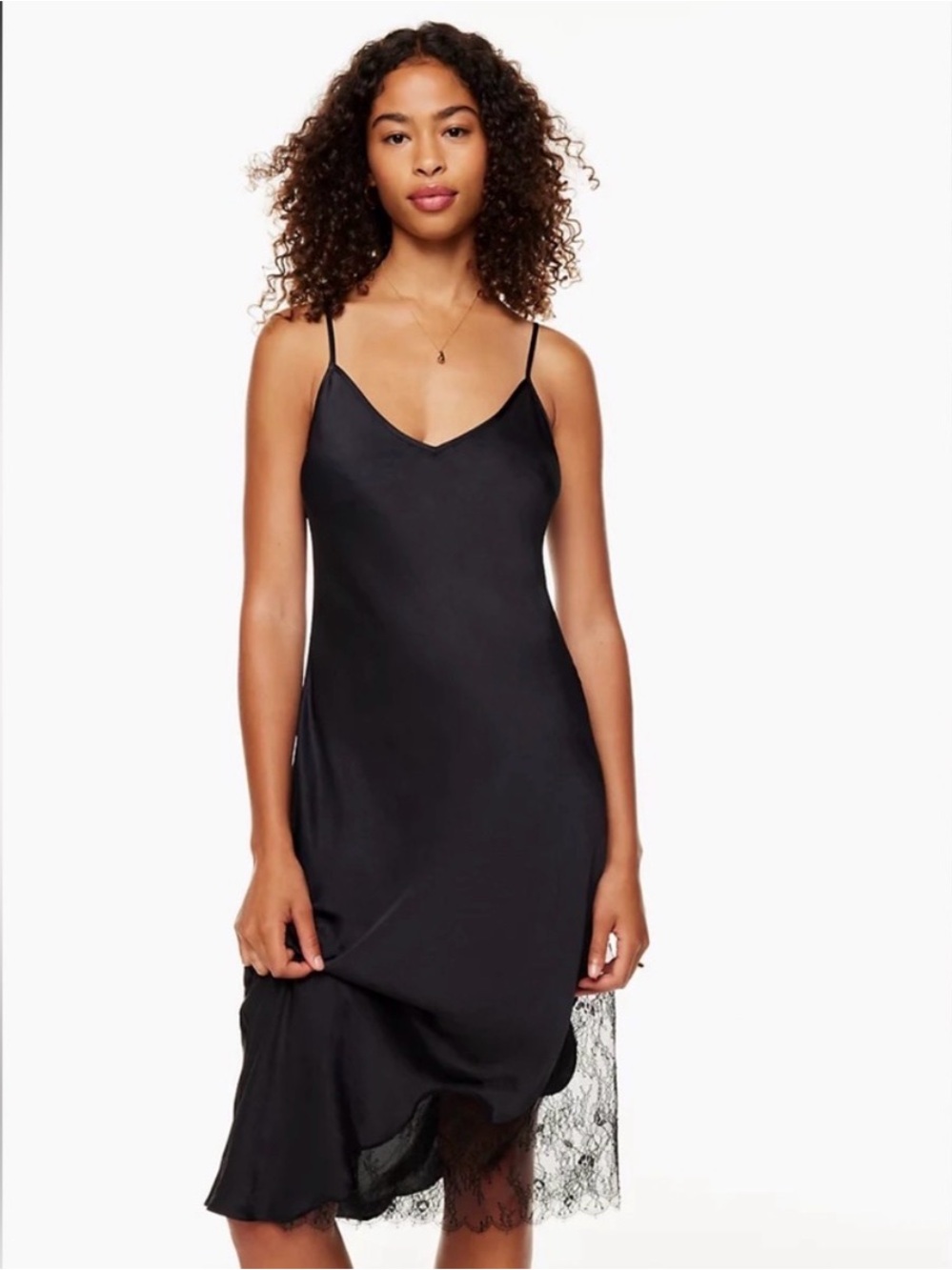 Wilfred Aritzia Black Sonnet Satin Midi Slip Dress Lace Trim M